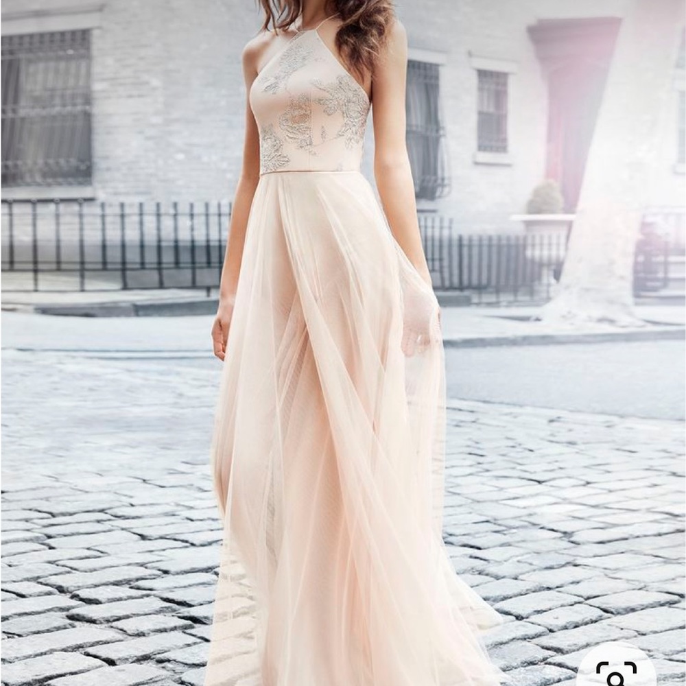Hayley Paige Occasions pink shimmer bridesmaid dress